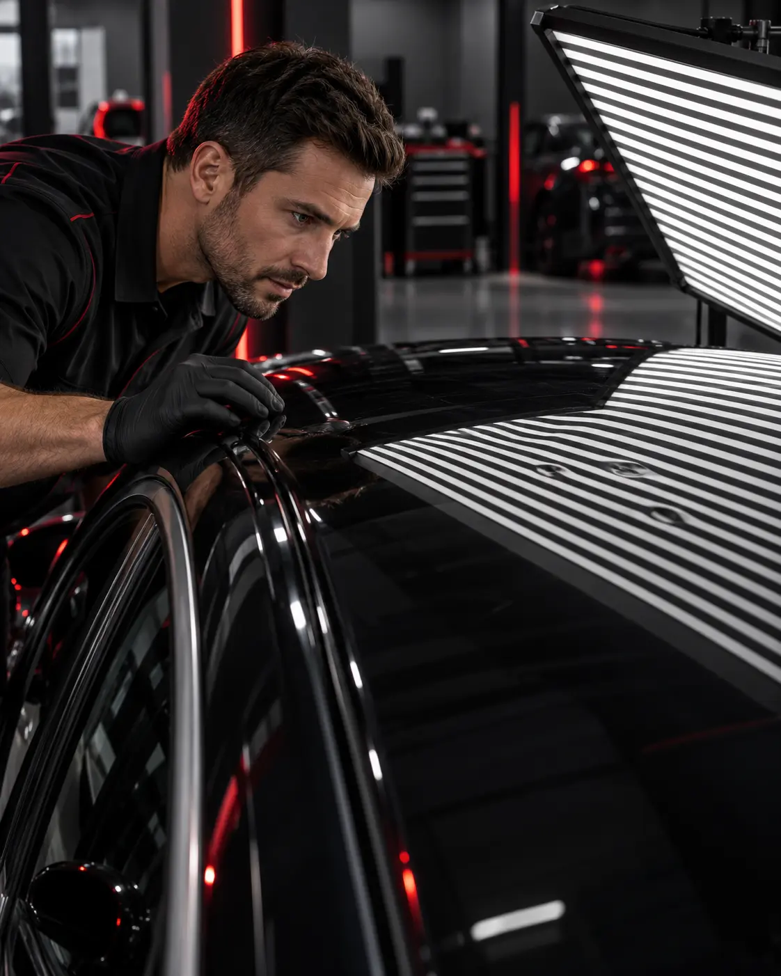 Technician using a reflection light to assess a vehicle panel
