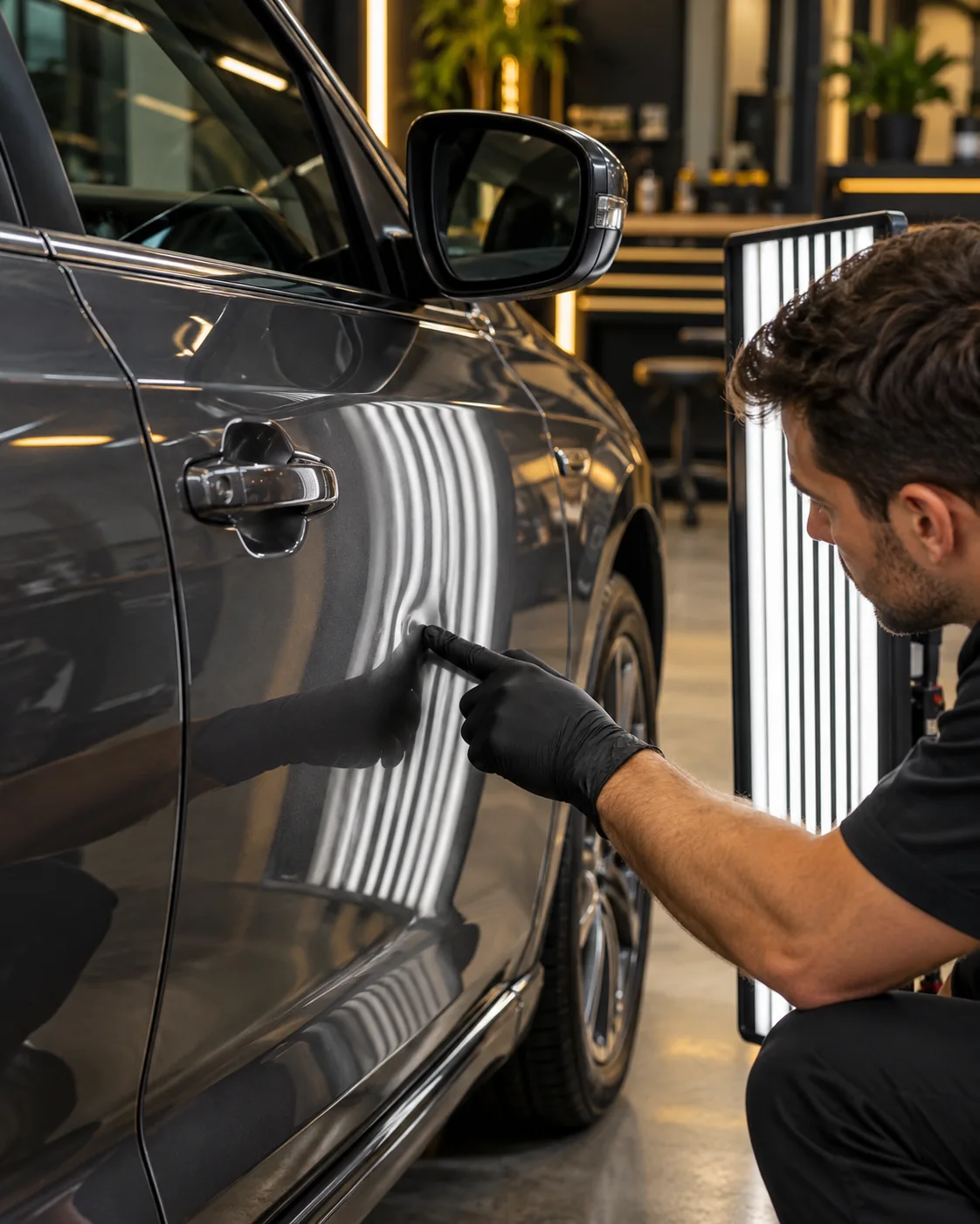 Illustrative technician using a reflection light to inspect a car door